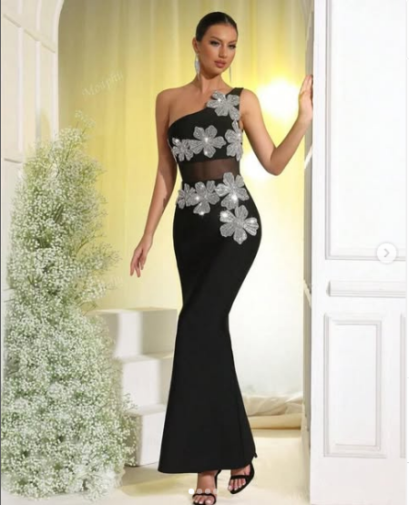 One Shoulder Draped Sleeveless Rhinestone Crystal Floral Bodycon Dress